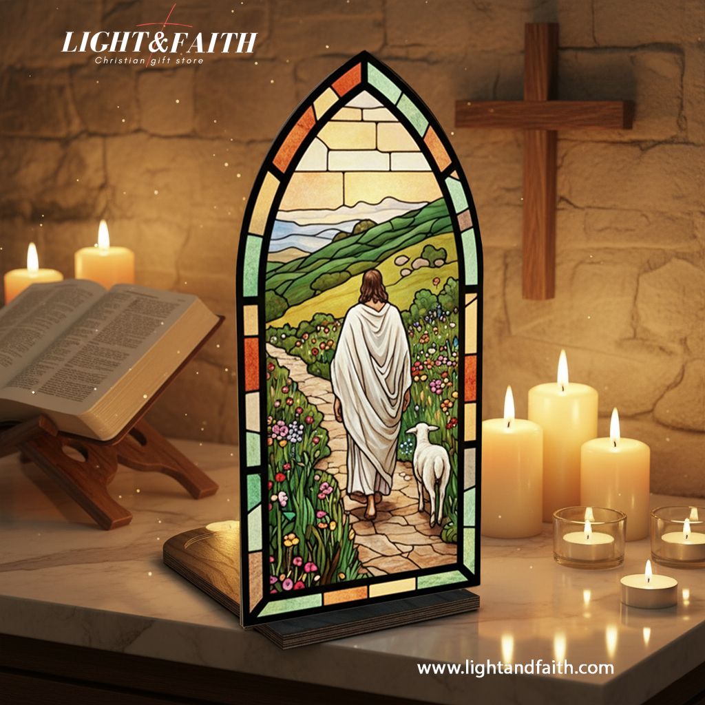 Jesus the Good Shepherd Book Nook, Stained Glass Style Acrylic Decor, Christian Gift, Religious Home Decoration, Faith Art Display BNLAF07